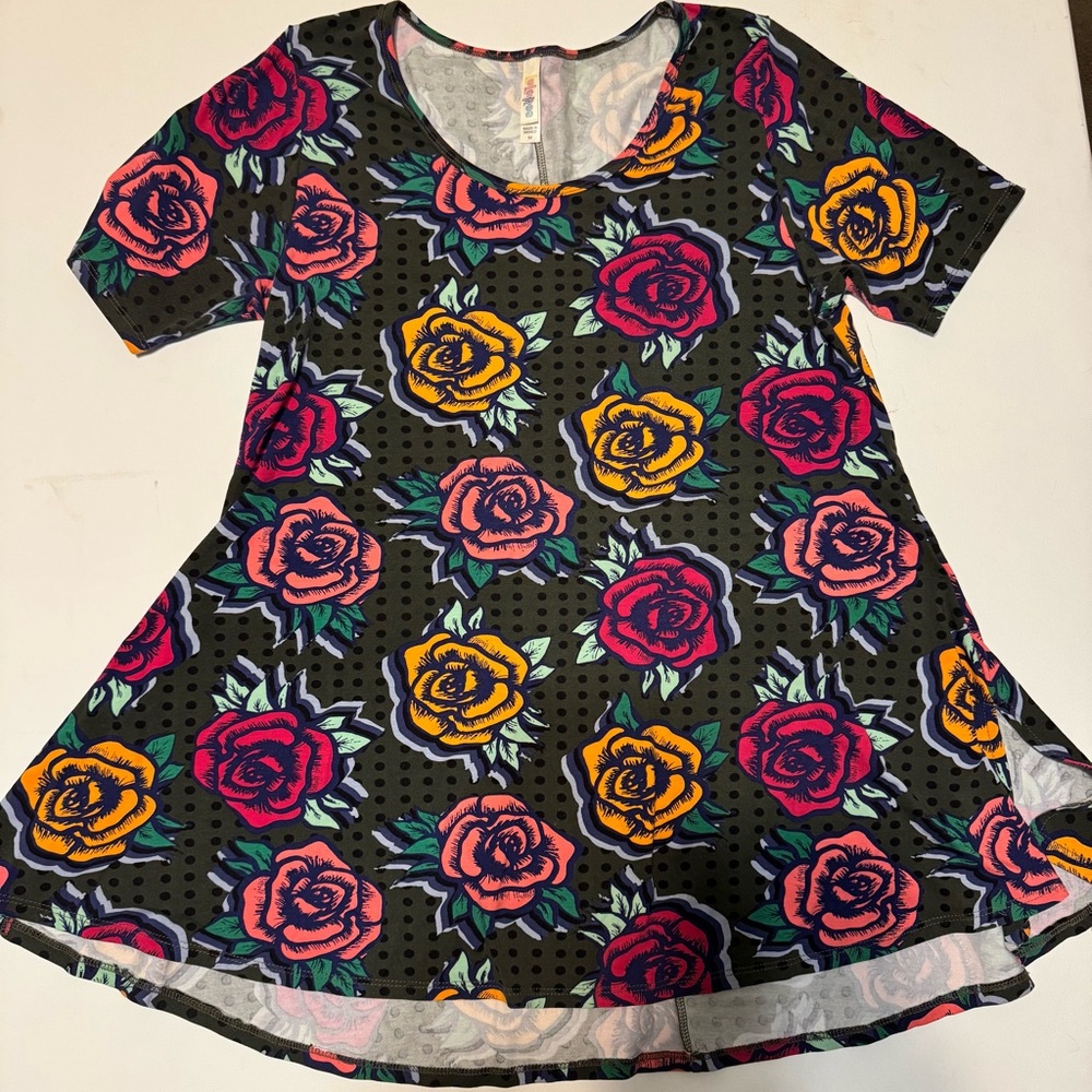 LuLaRoe Perfect T Floral Top with Orange and Green Accents